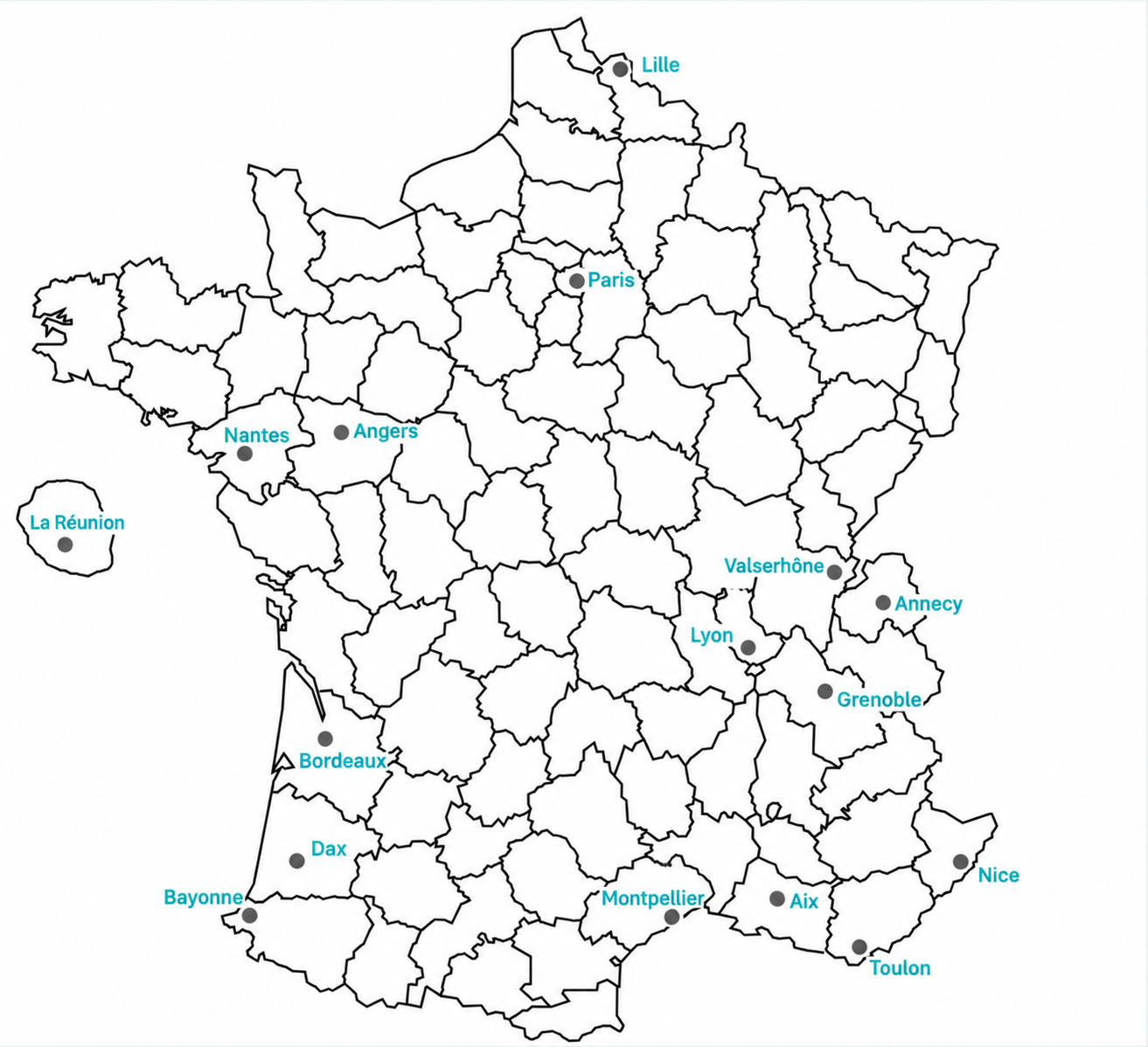 Carte des implantations Citévo : Lille, Rouen, Paris, Nantes, La Réunion, Annecy, Lyon, Grenoble, Bordeaux, Bayonne, Montpellier, Aix et Marseille, Toulon et Nice
