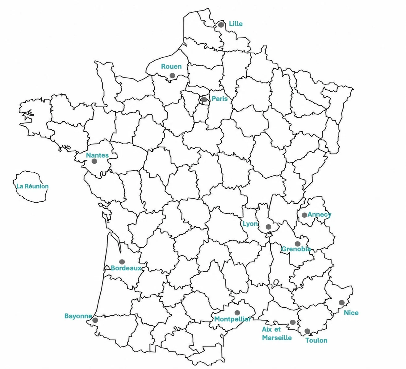 Carte des implantations Citévo : Lille, Rouen, Paris, Nantes, La Réunion, Annecy, Lyon, Grenoble, Bordeaux, Bayonne, Montpellier, Aix et Marseille, Toulon et Nice